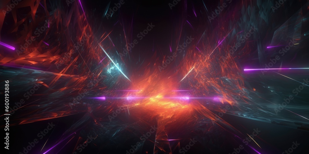 Poster cosmic background with colorful laser lights and broken fractal elements. generative ai aig21.
