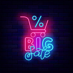 Big Sale neon label. Shopping cart with percent sign. Special offer emblem. Marketing label. Vector illustration