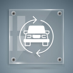White Car service icon isolated on grey background. Auto mechanic service. Repair service auto mechanic. Maintenance sign. Square glass panels. Vector