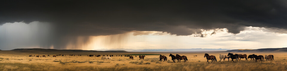 Fototapeta na wymiar Play with the natural elements and dramatic light of this wild scene: a huge steppe, wild horses and a stormy sky. Captured in a single frame. Generative AI