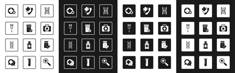Set DNA symbol, Medicine bottle and pills, Crutch or crutches, Cross hospital medical, First aid kit, Emergency phone call to, and icon. Vector