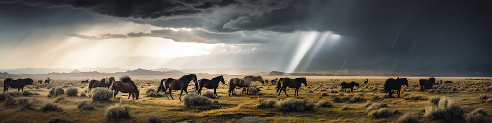 Fototapeta na wymiar Discover this beautiful wilderness with free-roaming horses for a graphic and dramatic atmosphere under a stormy sky. Generative AI