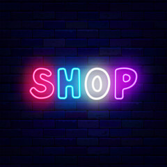 Shop neon label. Sale signboard. Colorful handwritten text. Special offer emblem. Vector stock illustration