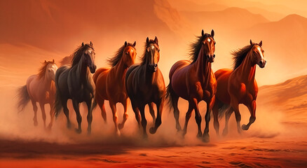 five horses are running in the desert