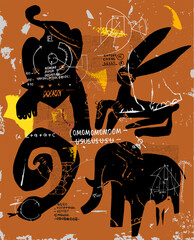Symbolic image of animals on a background of orange - 600194649