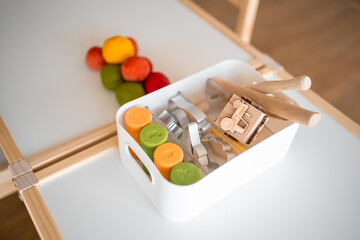 Colorful homemade dough as plasticine for playing. Sensory development and experiences, themed activities with children, fine motor skills development