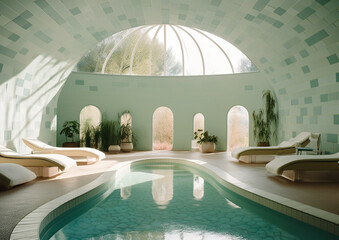 serene space wellness spa with pool, retro style , generative ai - 600194821