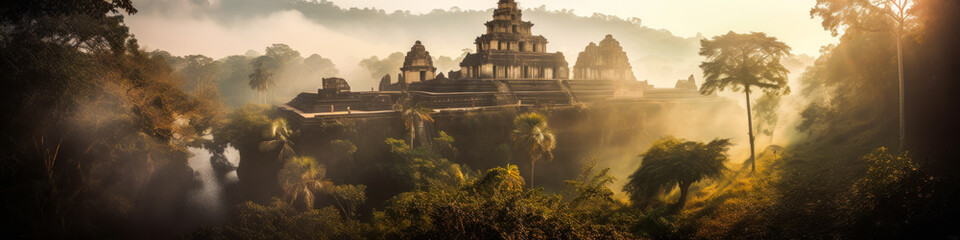 An ancient mystical temple surrounded by mist reveals its secret beauty in all the lush splendor of a tropical forest, bathed in the rays of the rising sun. Generative AI