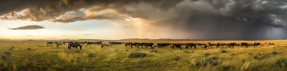 Fototapeta na wymiar Discover a wild steppe with free-roaming horses, under stormy and dramatic skies for panoramic and unique landscapes. Generative AI