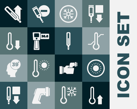 Set Meteorology thermometer, Sun, Snowflake, Digital, Medical and icon. Vector