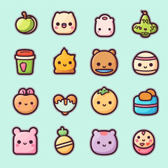 Cute various icons in kawaii style