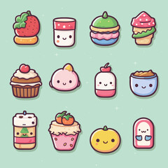 Cute various icons in kawaii style