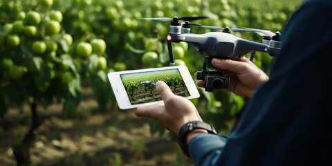 A man controls a drone that monitors a kiwifruit orchard in a biotech lab, highlighting advanced technologies for precision farming. Generative AI