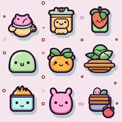 Cute various icons in kawaii style