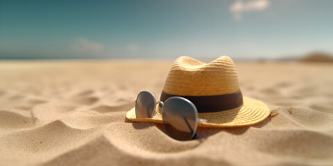 Straw beach sunhat and sun glasses on the sand. Summer vacancy concept. AI generated