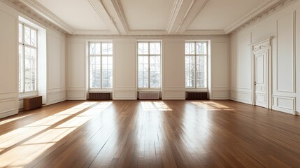 empty room with hardwood floors and white walls, generative ai