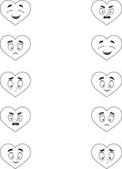Saint Valentine day black and white matching activity for children. Outline hearts with faces showing emotions. Educational game, printable worksheet for kids .