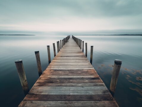 long wooden pier extending into calm water, generative ai