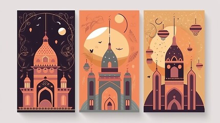 Collection of modern style greeting cards with retro boho design, moon, mosque dome and lanterns generative ai