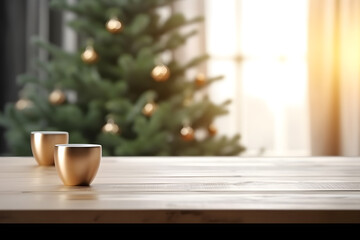 Empty rustic wood table in a beauty home at christmas with blurred background, ai generative illustration