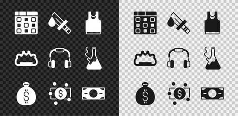 Set Drum machine music, Bloody knife, Undershirt, Money bag, Stacks paper money cash, Brass knuckles and Headphones icon. Vector