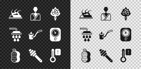 Set Campfire, Man in the sauna, Sauna broom, Washcloth, Honey dipper stick, thermometer, Shower and ladle icon. Vector