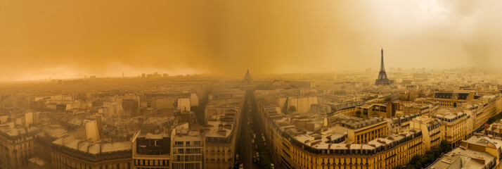Plakat An impressive scene of Paris under a Sahara sandstorm, providing a dramatic and captivating atmosphere for an editorial or magazine cover. Generative AI