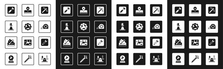 Set Pickaxe, Gear wheels and earth, Tacheometer, theodolite, Paint brush, Roulette construction, Oilfield, Wrench spanner and Archeology icon. Vector