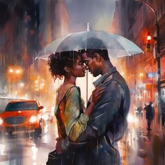 Rainy Romance: A Couple Embracing In A Passionate Kiss Under the Urban Umbrella