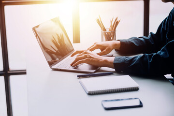Financial Business team present. Business man hands hold documents with financial statistic stock photo, discussion, and analysis report data the charts and graphs. Finance Financial concept