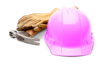 Fototapeta premium Pink Safety Construction Hard Hat, Hammer and Leather Gloves Isolated - Transparent PNG.