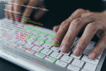 Software developer or programmer coding program with laptop. Create Intelligence innovation. Computer programming, development software engineer and architecture, digital data technology management