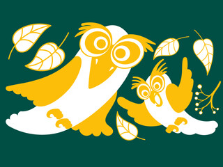 Two autumn golden owls among yellow falling leaves. Autumn flat vector illustration.