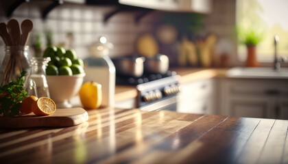 Fototapeta na wymiar Empty rustic wood table in a kitchen, blurred background, ai generative illustration