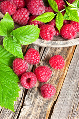 Organic raspberries with green leaves