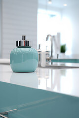 An abstract counter top with a soap bottle against an out of focus medical clinical style bathroom kitchen background. A.I. generated.