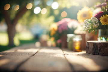 Empty rustic wood table in a sunny garden with blurred background, ai generative illustration