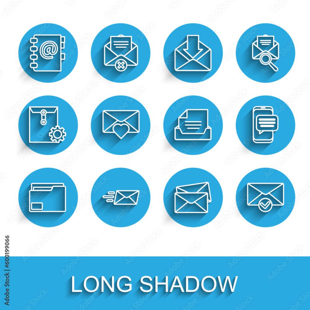 Poster set line document folder, express envelope, address book, envelope, and check mark, with valentine h