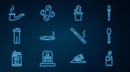 Set line Bong for smoking marijuana, Heroin spoon, Cactus peyote pot, Cigar with smoke, Lighter, Smoking pipe, Cigarette and Medicine pill tablet icon. Vector