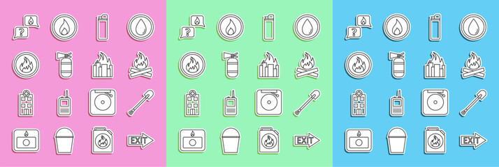 Set line Fire exit, shovel, Campfire, Lighter, extinguisher, flame, Phone with emergency call 911 and burning buildings icon. Vector