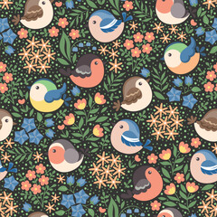 Seamless pattern, spoonflower style. Different spring birds on flower background. Vector illustration.