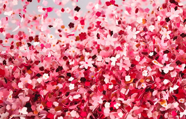 pink confetti on a background with white and red streaks