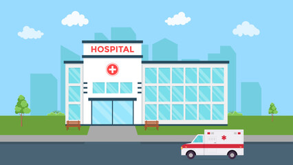 hospital building with ambulance flat vector illustration