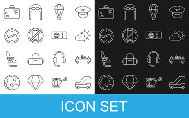 Set line Passenger ladder for plane boarding, Airport luggage towing truck, Sun and cloud weather, Hot air balloon, No cell phone, Compass, Suitcase and Airline ticket icon. Vector
