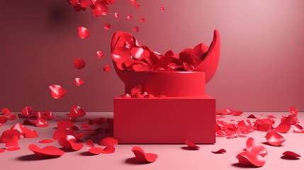 3D podium, display, background. Red flower, rose falling petals. Generative Ai