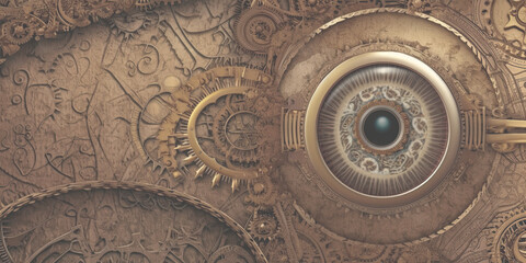 Steampunk background for presentation one of four Brass and gears with different focal points eye iris, room for copy - generative AI 