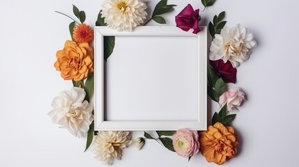 Mockup of picture frame decorated with spring flowers clean space for text on white background
