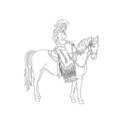 Fototapeta na wymiar Beautiful cowgirl on horseback. Linear Vector illustration isolated on white. 
