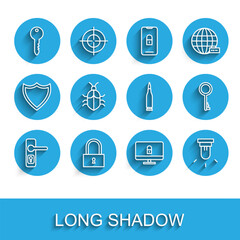 Set line Door handle, Lock, Key, on computer monitor, Motion sensor, System bug concept, Old key and Bullet icon. Vector
