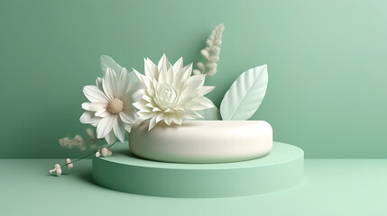 Obraz na płótnie Canvas 3D display podium pastel green background, White flower with leaf. Generative Ai